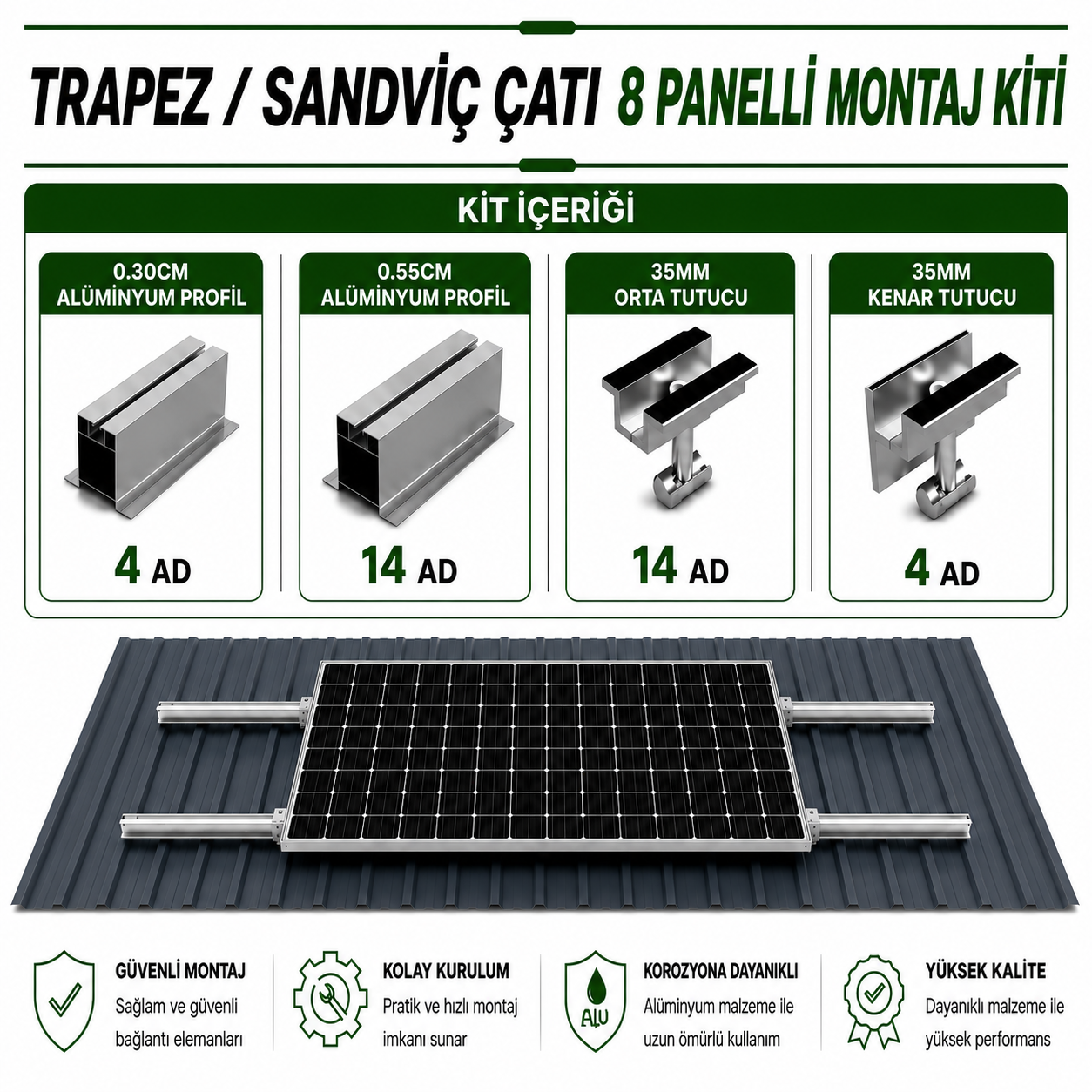 8 ADET GÜNEŞ PANELİ İÇİN ÇATI MONTAJ KİTİ