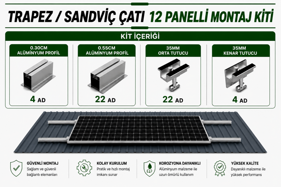 12 PANELLİ GÜNEŞ PANELİ MONTAJ KİTİ