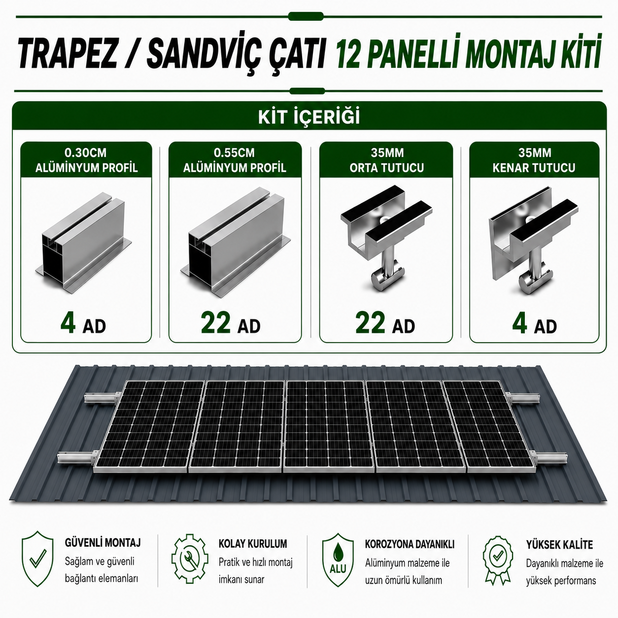 12 ADET GÜNEŞ PANELİ İÇİN ÇATI MONTAJ KİTİ
