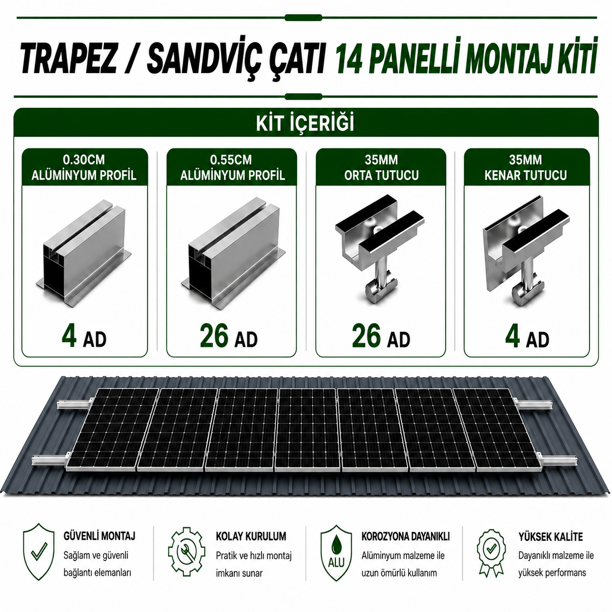 14 ADET GÜNEŞ PANELİ İÇİN ÇATI MONTAJ KİTİ