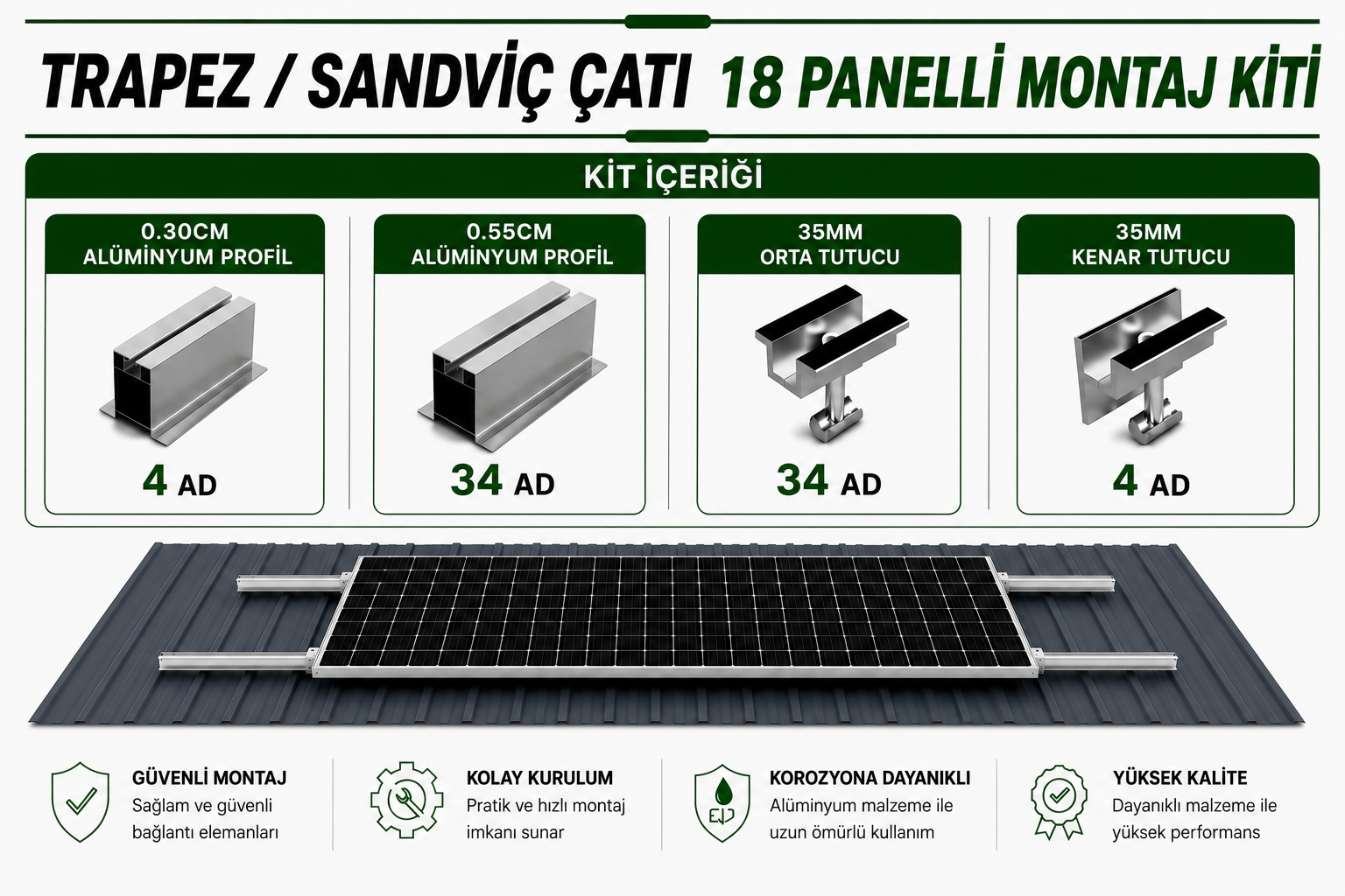 18 PANELLİ GÜNEŞ PANELİ MONTAJ KİTİ