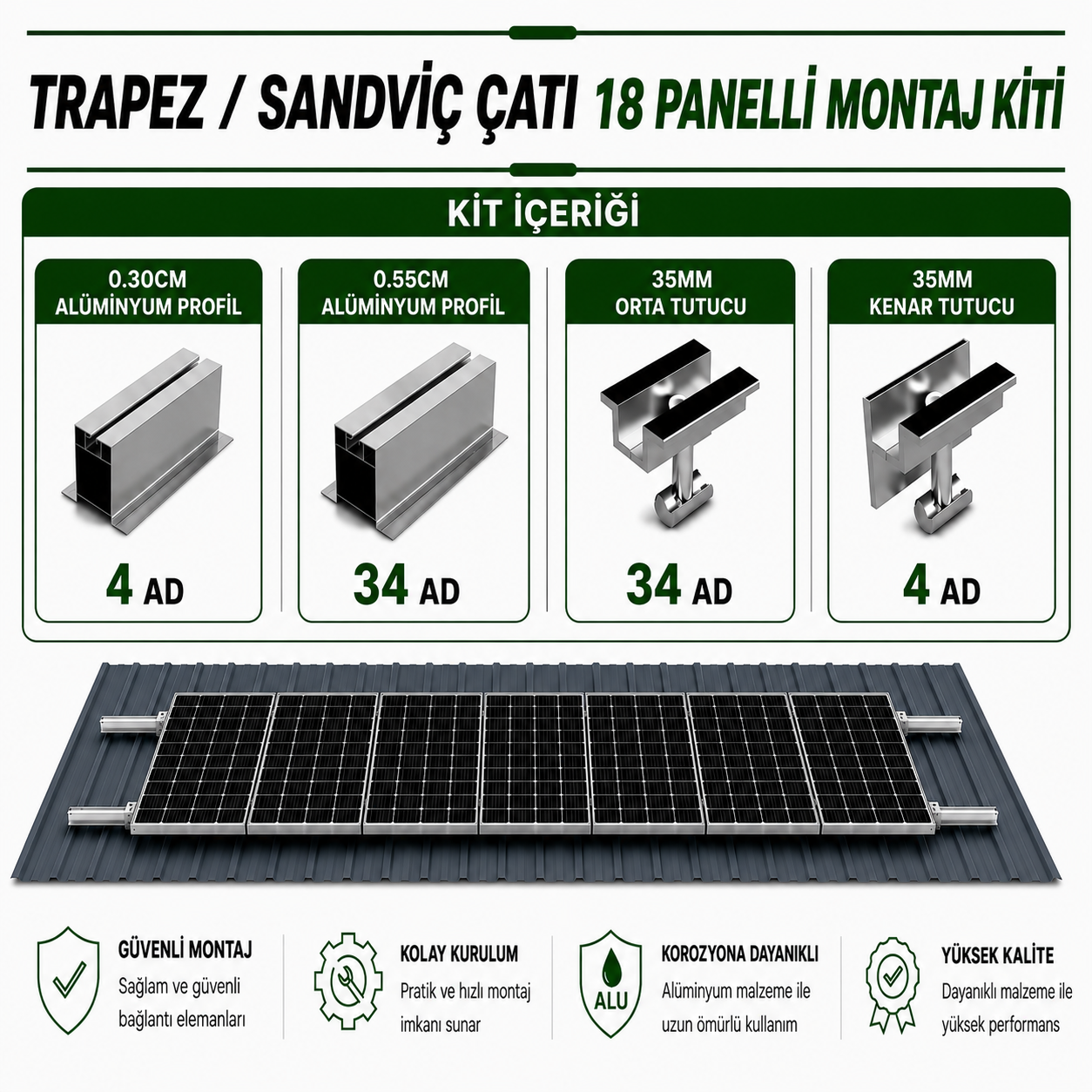 18 ADET GÜNEŞ PANELİ İÇİN ÇATI MONTAJ KİTİ